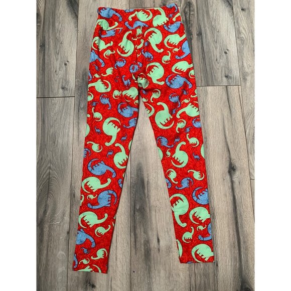Lularoe One Size Red Blue Green Leggings Dinosaurs "Unicorn Rare Print" - Picture 5 of 6